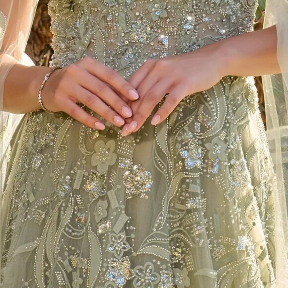 New Rhinestones Embellished Mesh MOB Gown w/ Cape Sleeves & Layered Skirt GL3838 - Picture 7 of 14